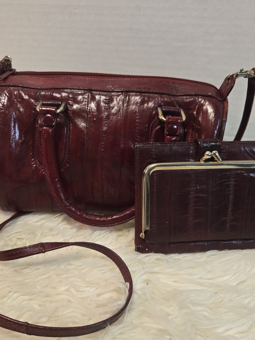 Vintage Burgundy Leather Shoulder Bag with Matching Wallet